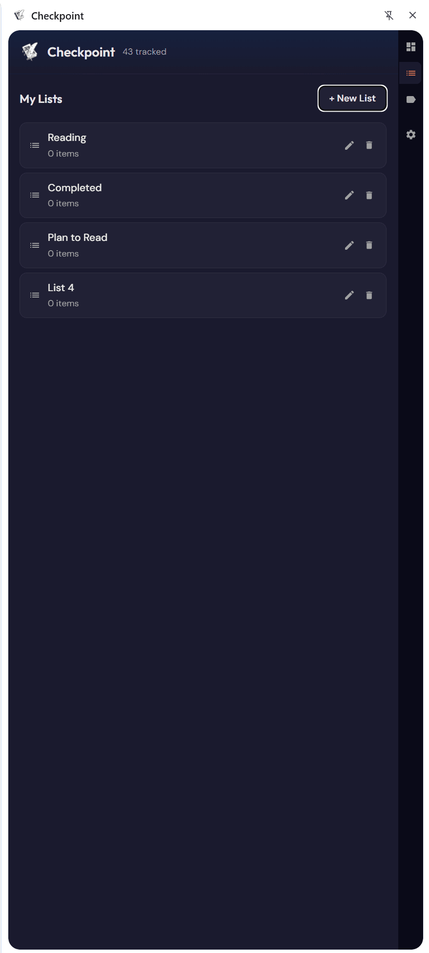 Checkpoint library view showing reading list