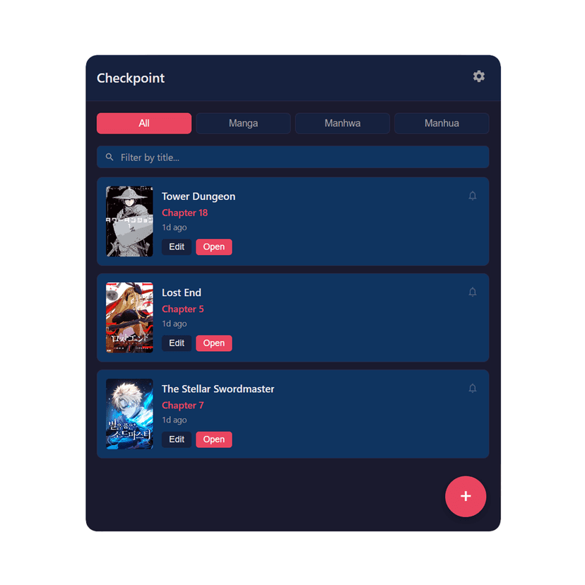 Checkpoint tracking list showing manga, manhwa entries with chapter progress and cover art