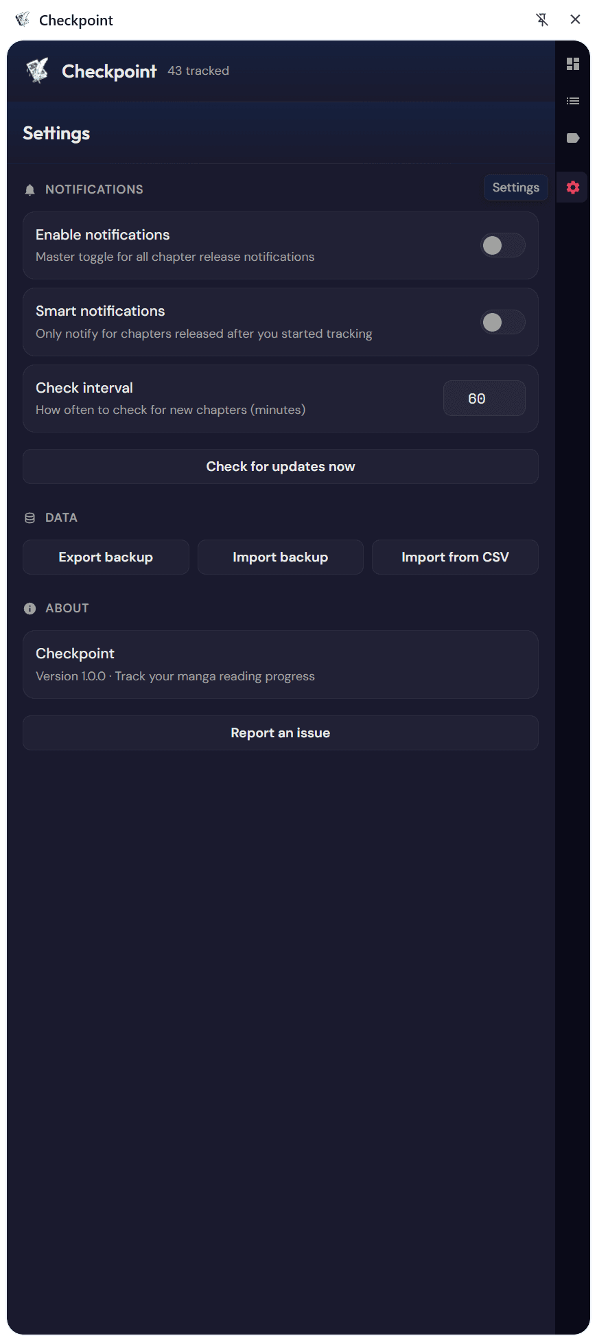 Notification settings for tracked manga